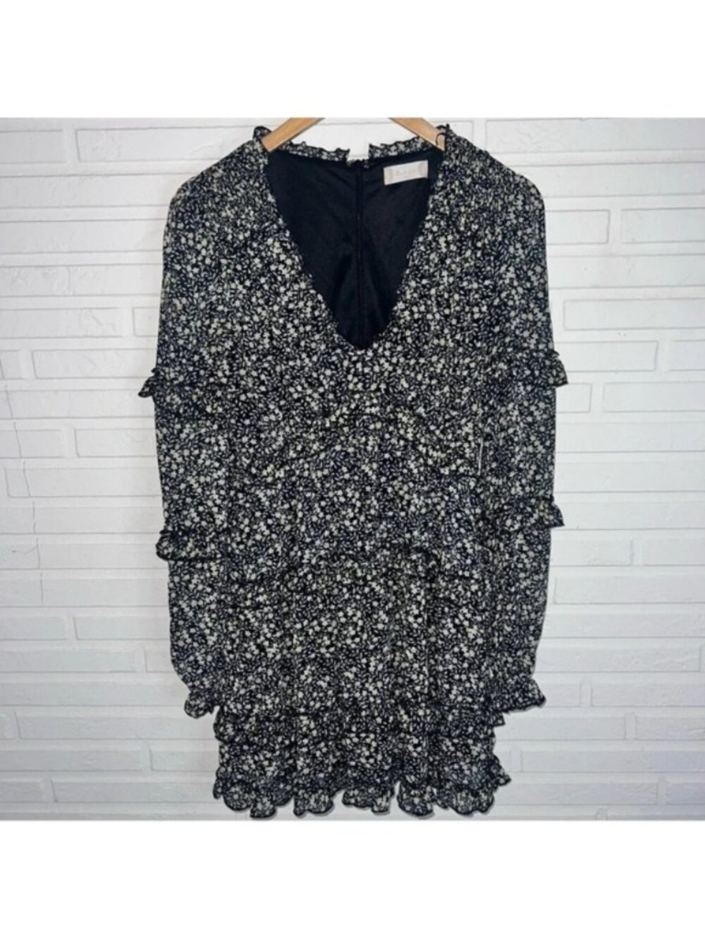Altar’d State Black Floral Tiered Plunge Neck Boho Mini Dress, Size Medium